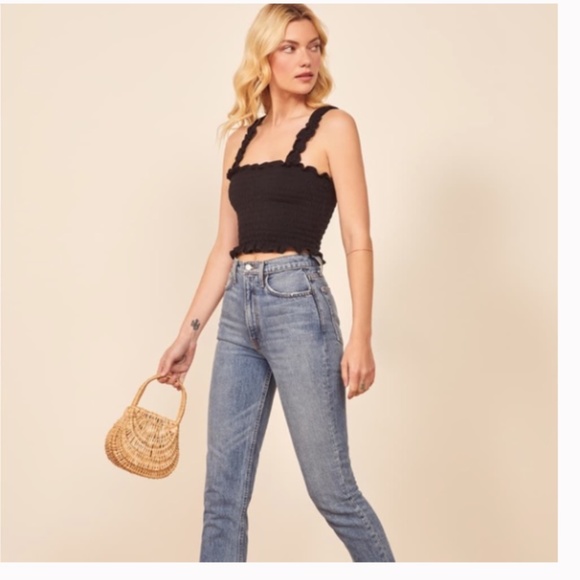 Reformation Leonore Smocked Black Crop Top Small - Picture 6 of 6